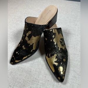 Chocolat Blu Clint Black and Gold Calf Hair Western Mules Size 39/8